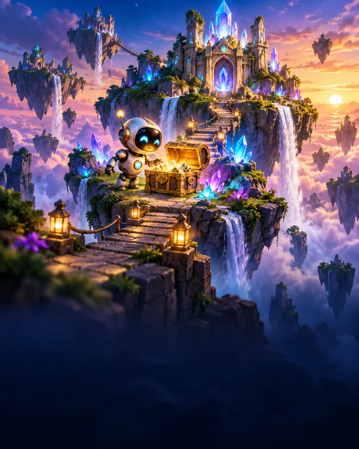 Original puzzle adventure game artwork on a floating island