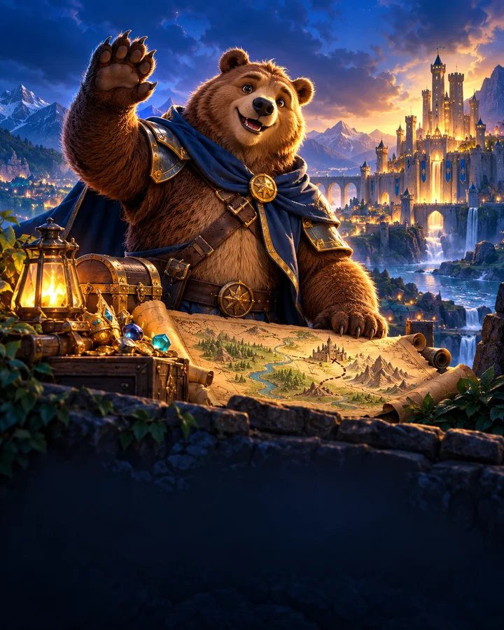 Original strategy game artwork with a waving guardian